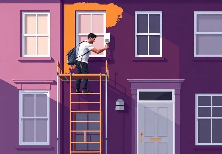 Peintre sur échafaudage traitant la façade d'une maison