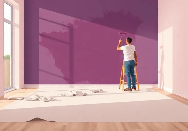 Peintre appliquant la peinture au rouleau sur un mur de salon
